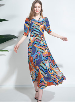 Print Half Sleeve V-neck Maxi Beach Dress
