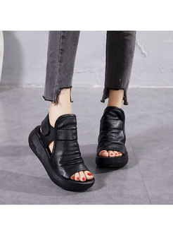 Open Toe Velcro Platform Leather Sandals