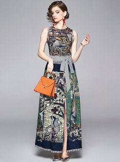Print Sleeveless Bodycon Dress With Wrap Skirt