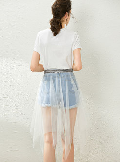 Print Mesh Patchwork Asymmetric Skirt Suits
