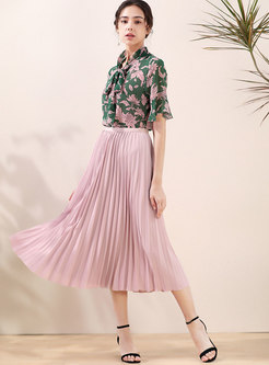 Scarf Collar Floral Pleated Suit Dress
