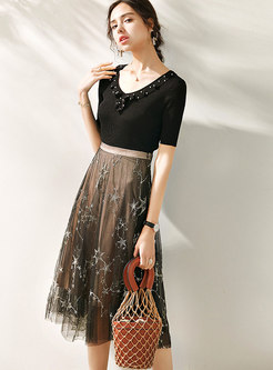 Beaded Knit Top & Mesh Embroidered A-line Skirt