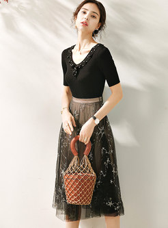 Beaded Knit Top & Mesh Embroidered A-line Skirt
