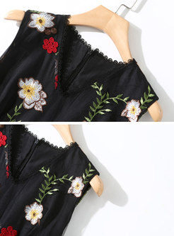 V-neck Embroidered Sleeveless Bodycon Dress
