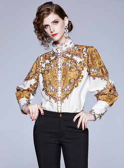 Stand Collar Print Button-front Blouse