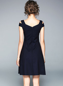 Open Shoulder V-neck Slim A-line Dress