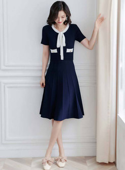Color Block Tie-collar Knitted Skater Dress