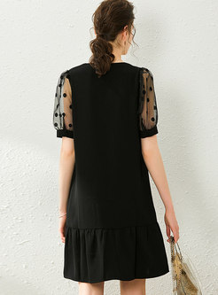 Mesh Patchwork V-neck Belted Little Black Dress