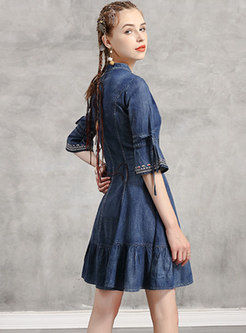 Denim Embroidered Flare Sleeve Mini Dress