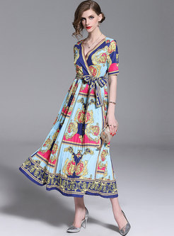 Cross V-neck Print Wrap Maxi Dress
