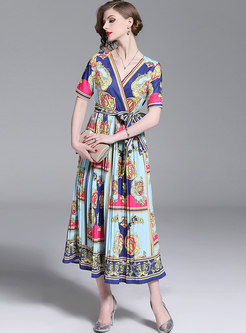 Cross V-neck Print Wrap Maxi Dress