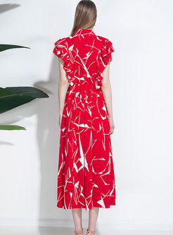 Lapel Print Ruffle Sleeve Maxi Beach Maxi Dress