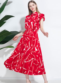 Lapel Print Ruffle Sleeve Maxi Beach Maxi Dress