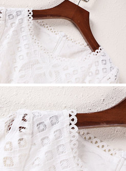 White Lace Gathered Waist Openwork Midi Dress