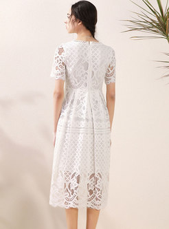 White Lace Gathered Waist Openwork Midi Dress