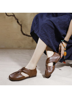 Rounded Toe Genuine Leather Openwork Flats