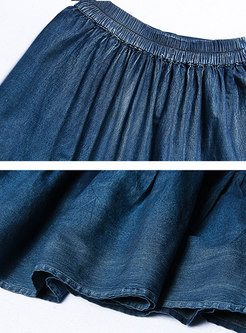 Elastic Waist Denim A-line Falbala Skirt