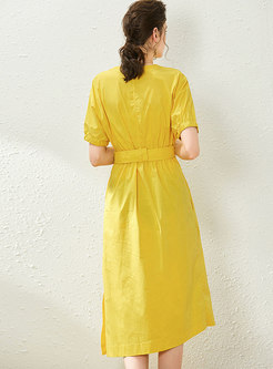 Solid Color V-neck Belted Midi Dress