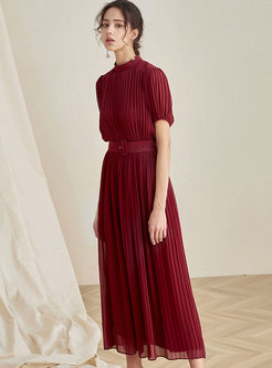 Mock Neck Belted Pleated Maxi Dress