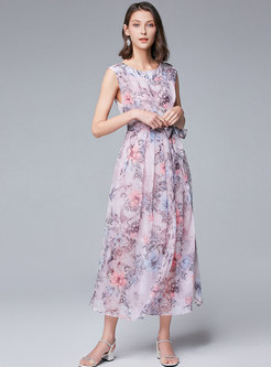 Sleeveless Print Chiffon Belted Maxi Dress