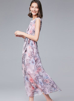 Sleeveless Print Chiffon Belted Maxi Dress