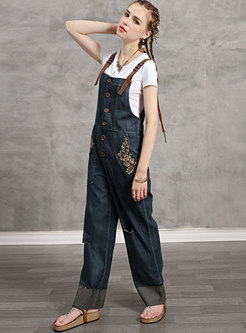 Vintage Denim Embroidered Casual Overalls