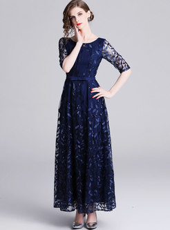 Half Sleeve Sequin Embroidered Party Maxi Dress
