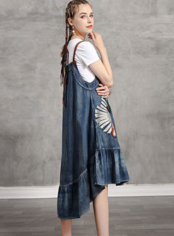 Embroidered Denim Asymmetric Slip Dress