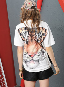 Crew Neck Tiger Pattern Casual T-shirt