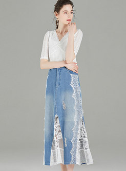 Lace V-neck Top & Denim Patchwork Peplum Skirt
