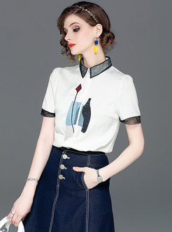 Embroidered Color Block Short Sleeve Blouse