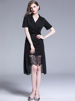 Wide Lapel Lace Patchwork Asymmetric Bodycon Dress