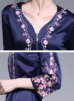V-neck Embroidered Front Zipper Wrap Maxi Dress