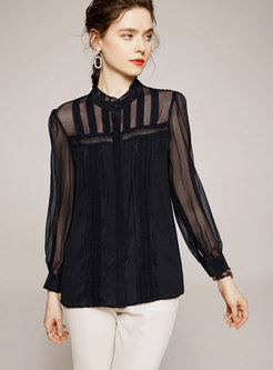 Stand Collar Perspective Silk Blouse