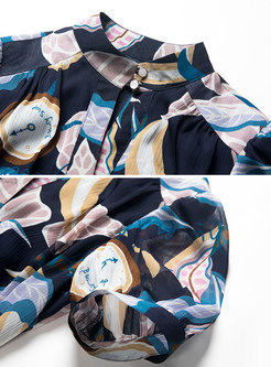Stand Collar Print Wrap Chiffon Maxi Dress