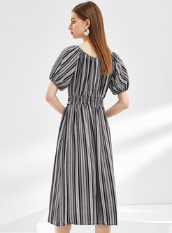 Striped High Waisted Slim Midi Dress