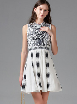 Mock Neck Embroidered Sleeveless Mini Dress