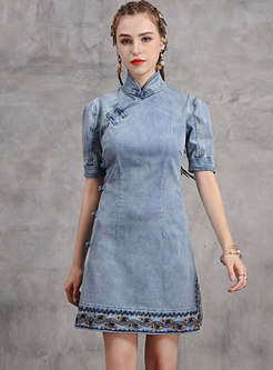 Vintage Denim Embroidered Mini A-line Dress
