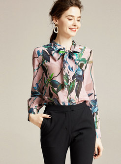 Silk Print Tie-collar Buttoned Blouse