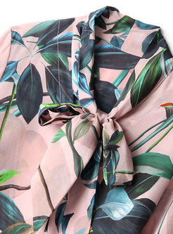 Silk Print Tie-collar Buttoned Blouse