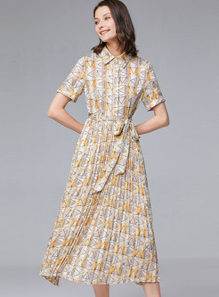 Geometric Lapel Belted Pleated Maxi Dress