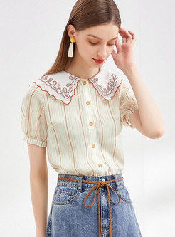 Striped Embroidered Single-breasted Blouse