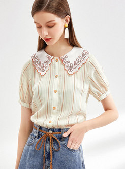 Striped Embroidered Single-breasted Blouse
