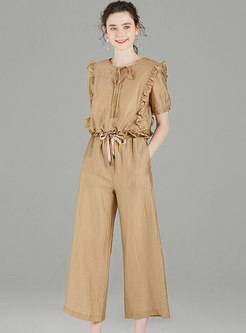 Crew Neck Ruffle Cropped Wide Leg Pant Suits