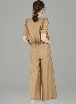 Crew Neck Ruffle Cropped Wide Leg Pant Suits