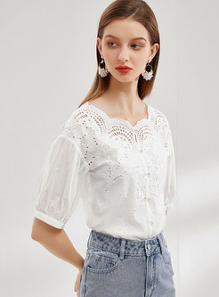 White Half Sleeve Openwork Buttoned Blouse