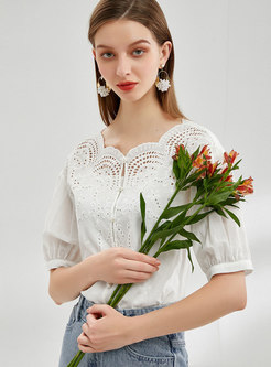 White Half Sleeve Openwork Buttoned Blouse
