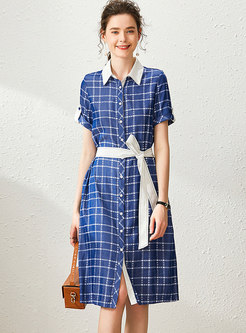 Plaid Single-breasted Tied Skater Dress