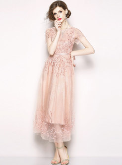 Cute Mesh Embroidered Long Party Bridesmaid Dress
