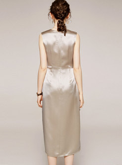 Satin V-neck Asymmetric Slim A-line Dress